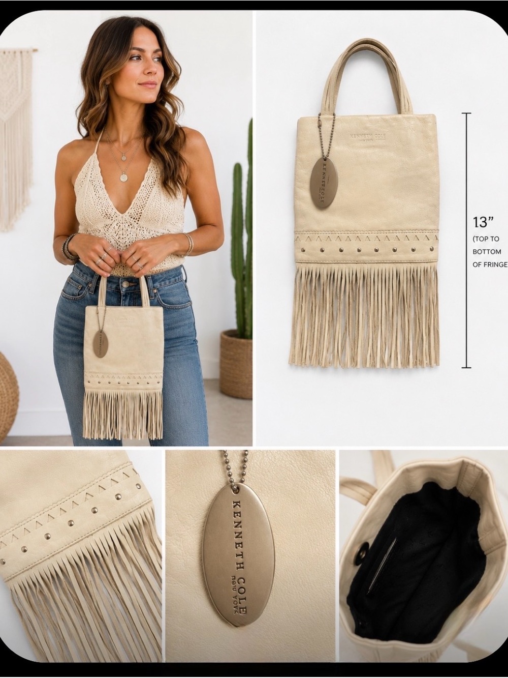 🤍 Kenneth Cole New York Ivory Leather Fringe Boho Festival Tote Bag
